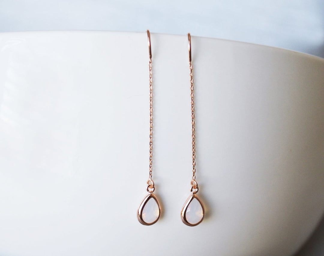 Light Pink Opal Threader Drop earrings, Dainty October Birthstone earrings, October Drop earrings, Bridesmaid earrings, Birthday Gift