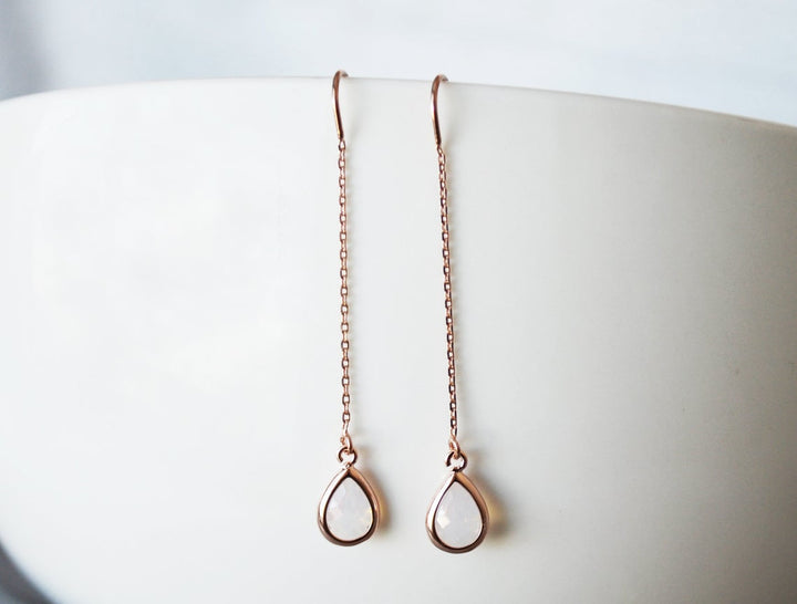 Light Pink Opal Threader Drop earrings, Dainty October Birthstone earrings, October Drop earrings, Bridesmaid earrings, Birthday Gift