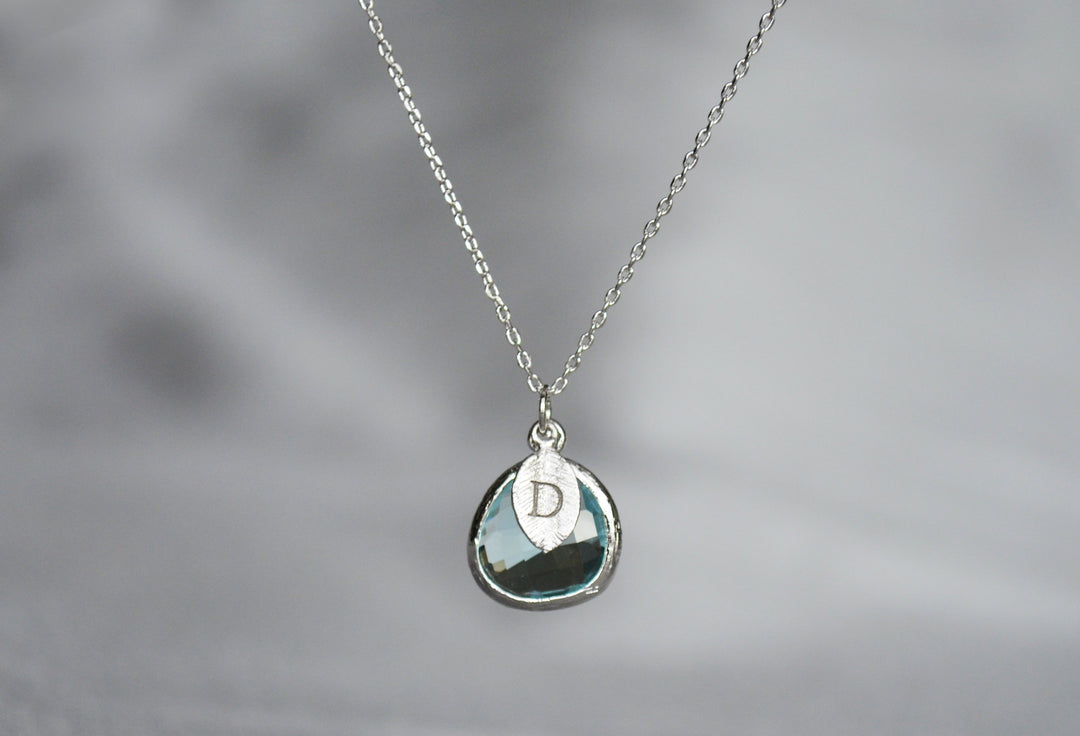 March Birthstone Necklace - Personalized Aquamarine Necklace, Custom Initial Necklace