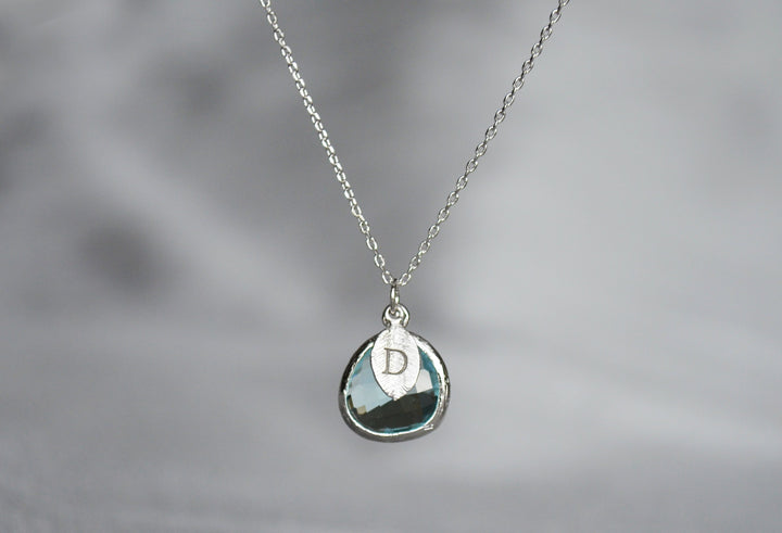 March Birthstone Necklace - Personalized Aquamarine Necklace, Custom Initial Necklace