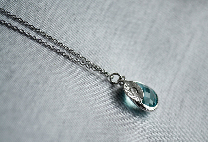 March Birthstone Necklace - Personalized Aquamarine Necklace, Custom Initial Necklace