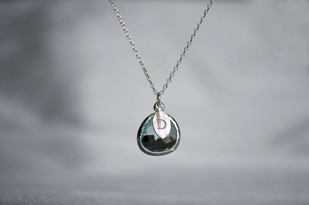 March Birthstone Necklace - Personalized Aquamarine Necklace, Custom Initial Necklace
