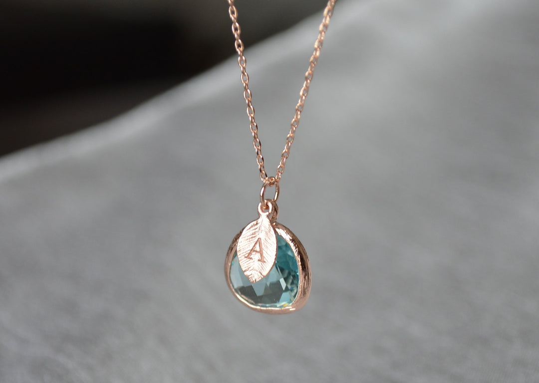 March Birthstone Necklace - Personalized Aquamarine Necklace, Custom Initial Necklace