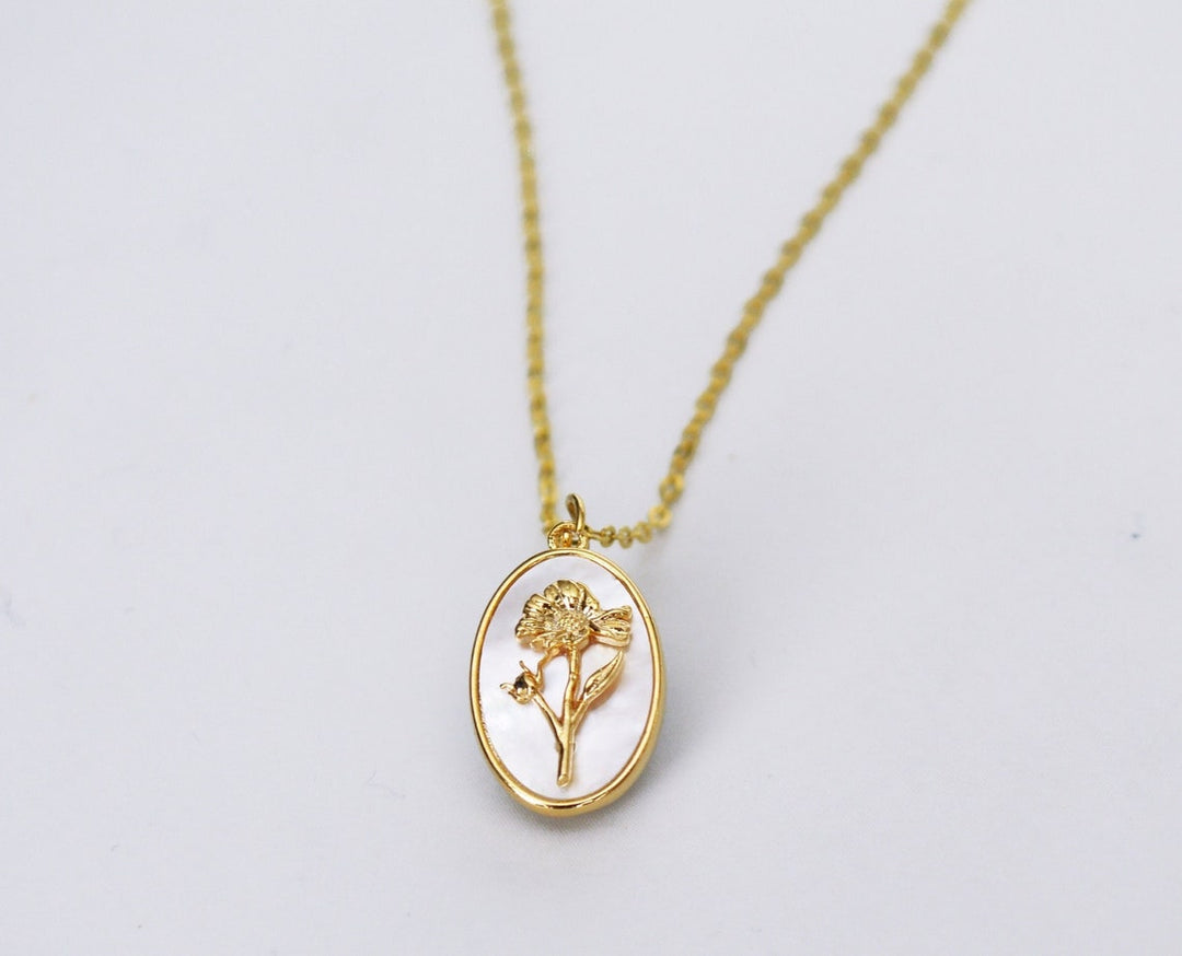 October Pearl Birth Flower Necklace - Marigold - Birth Month Flower Jewelry