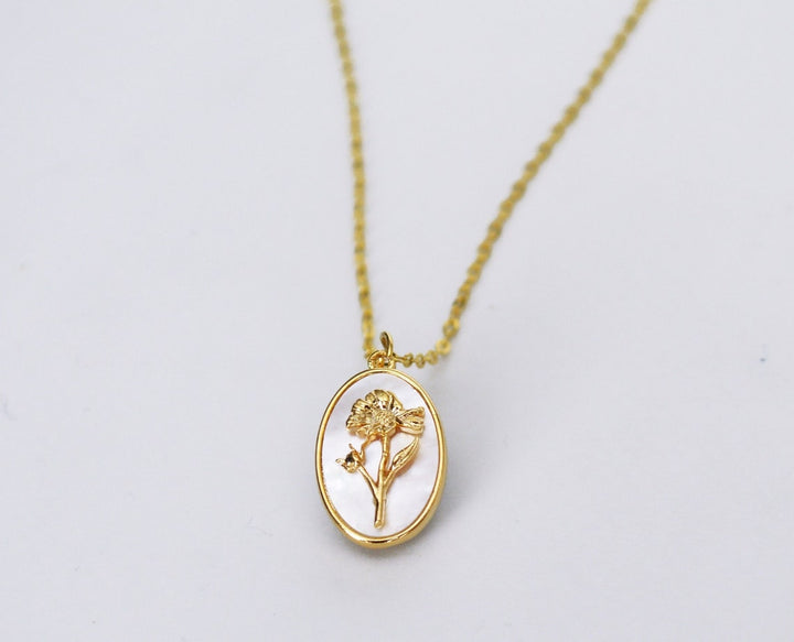 October Pearl Birth Flower Necklace - Marigold - Birth Month Flower Jewelry