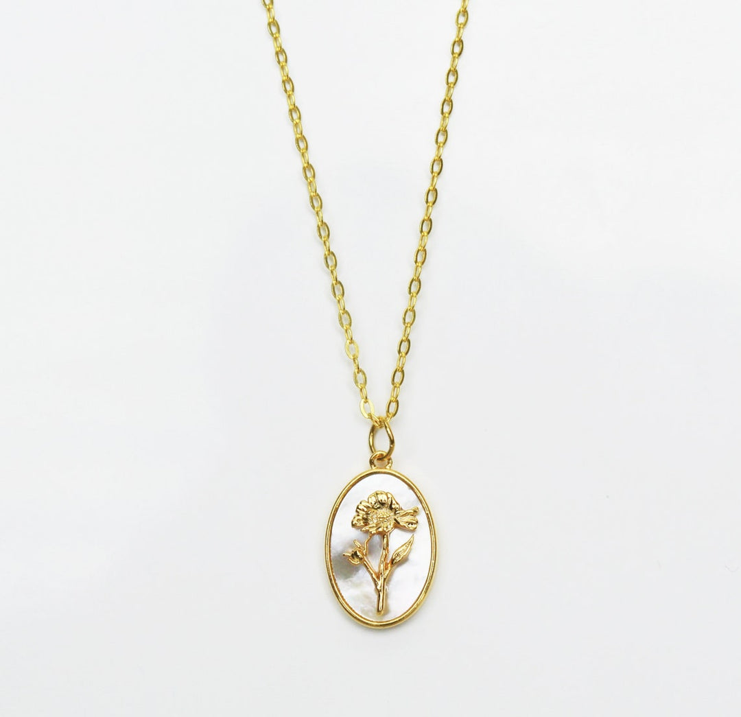 October Pearl Birth Flower Necklace - Marigold - Birth Month Flower Jewelry