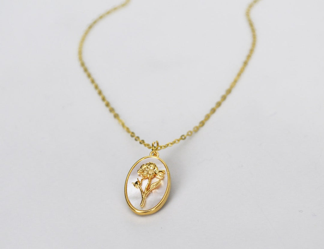 October Pearl Birth Flower Necklace - Marigold - Birth Month Flower Jewelry