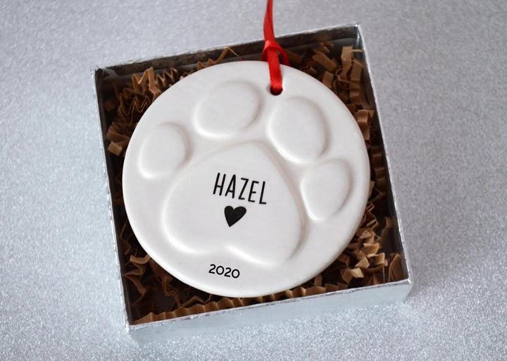 Paw Print Christmas Ornament with Name, Dog Bone Ornament,  Personalized Dog Ornament