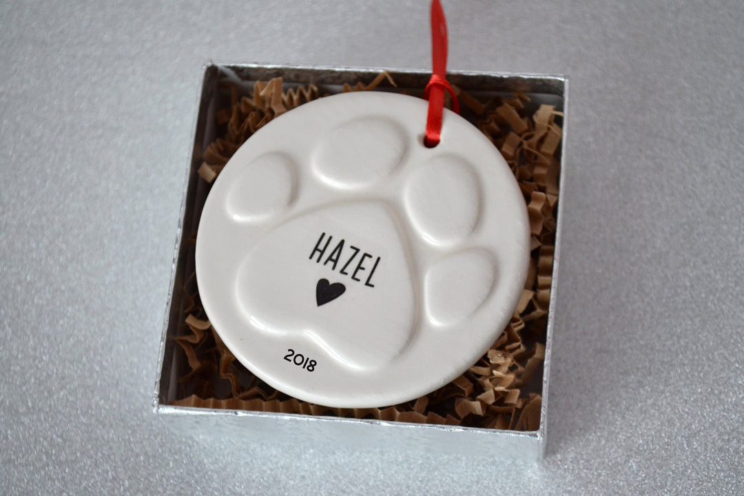 Paw Print Christmas Ornament with Name, Dog Bone Ornament,  Personalized Dog Ornament
