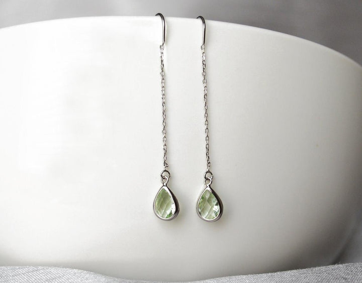 Peridot Threader Drop earrings, Light Green August Birthstone earrings, Peridot Drop earrings, Bridesmaid earrings, August Birthday Gift