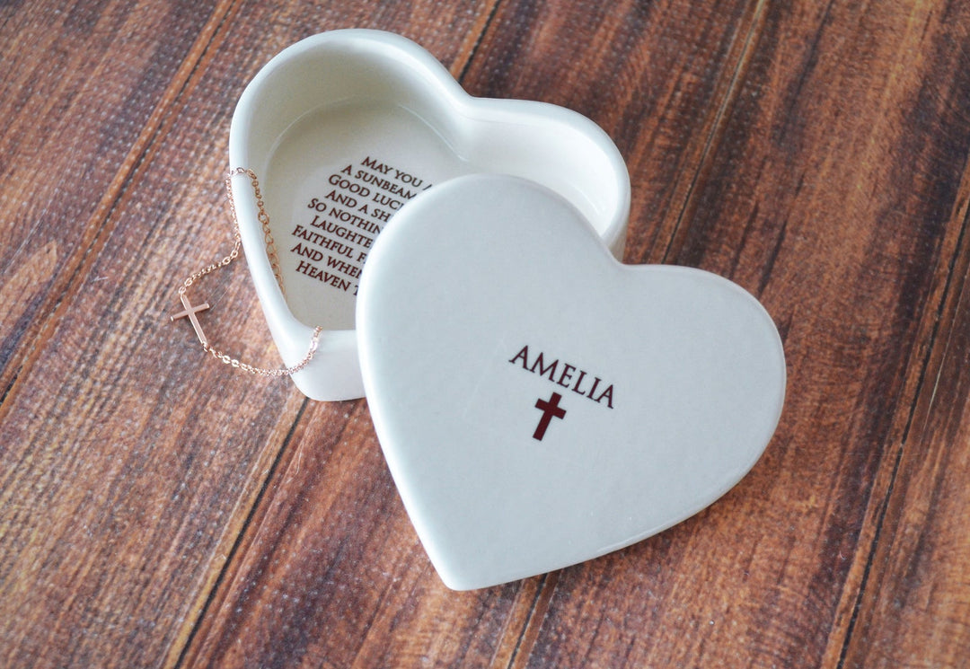 Personalized Baptism Gift, First Communion Gift, Confirmation Gift, Godchild Gift w/ Sideways Cross Necklace or Bracelet -Irish Blessing box