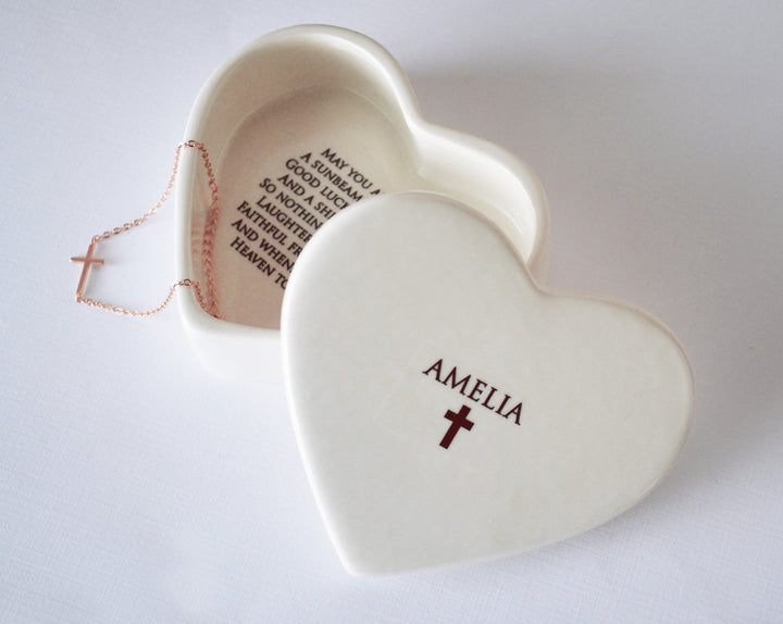 Personalized Baptism Gift, First Communion Gift, Confirmation Gift, Godchild Gift w/ Sideways Cross Necklace or Bracelet -Irish Blessing box