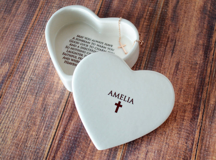 Personalized Baptism Gift, First Communion Gift, Confirmation Gift, Godchild Gift w/ Sideways Cross Necklace or Bracelet -Irish Blessing box