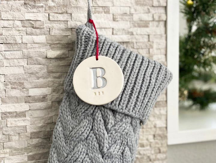 Personalized Gray Christmas Stocking, Knitted Holiday Stocking, Customized w/Initial and Name, Available in Different Colors, Christmas Gift