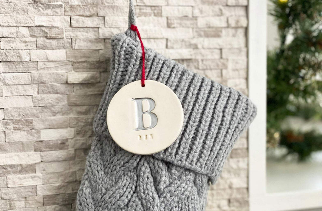 Personalized Gray Christmas Stocking, Knitted Holiday Stocking, Customized w/Initial and Name, Available in Different Colors, Christmas Gift