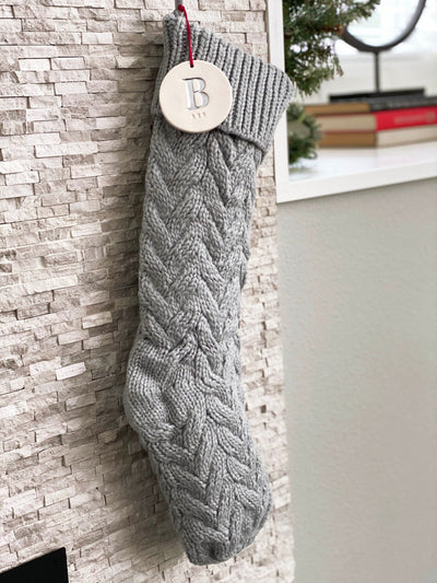 Personalized Gray Christmas Stocking, Knitted Holiday Stocking, Customized w/Initial and Name, Available in Different Colors, Christmas Gift