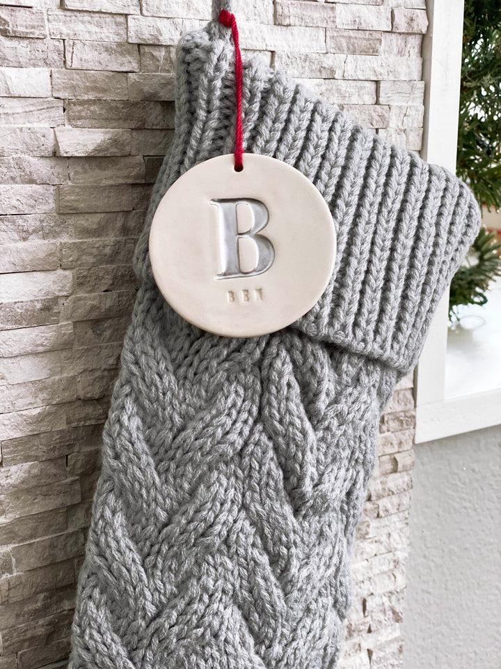 Personalized Gray Christmas Stocking, Knitted Holiday Stocking, Customized w/Initial and Name, Available in Different Colors, Christmas Gift