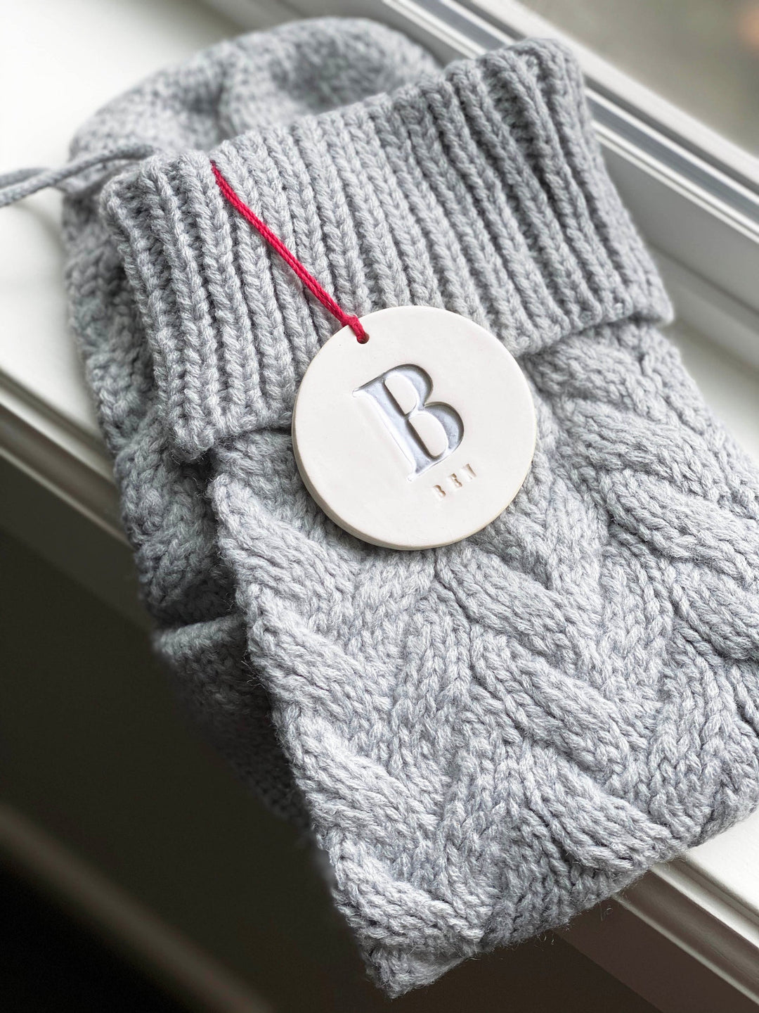 Personalized Gray Christmas Stocking, Knitted Holiday Stocking, Customized w/Initial and Name, Available in Different Colors, Christmas Gift