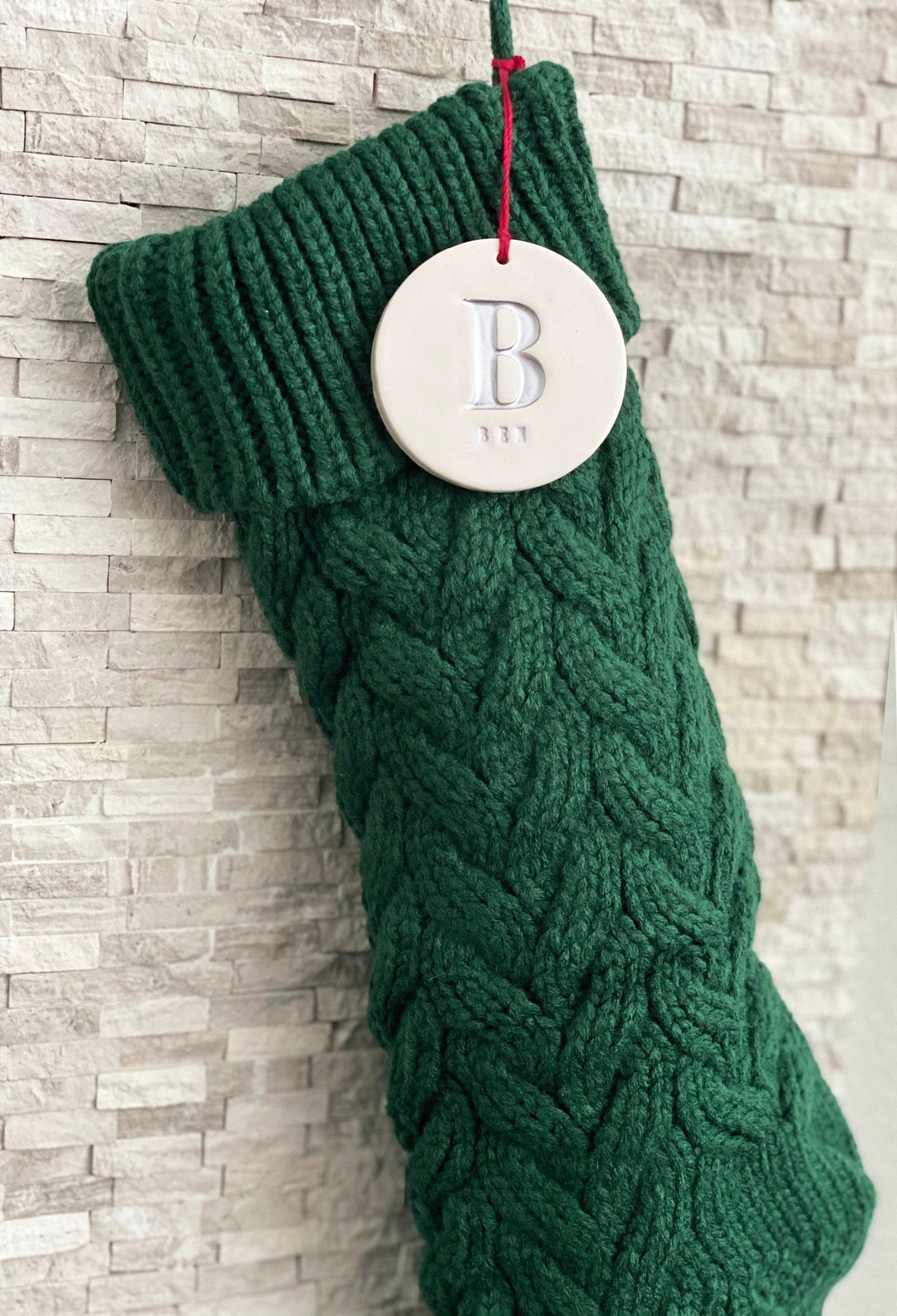 Personalized Green Christmas Stocking, Knitted Holiday Stocking, Customized w/Initial & Name, Available in Different Colors, Christmas Gift