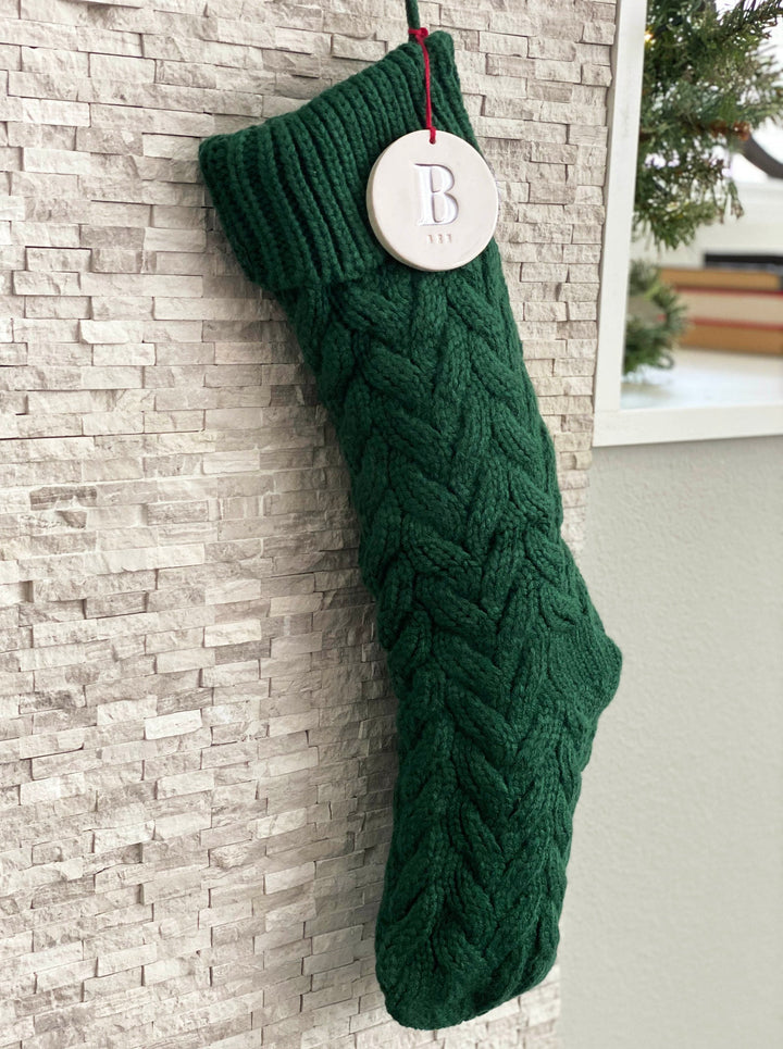 Personalized Green Christmas Stocking, Knitted Holiday Stocking, Customized w/Initial & Name, Available in Different Colors, Christmas Gift