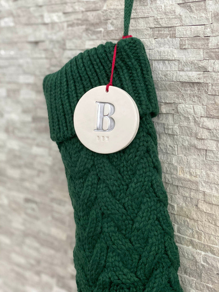 Personalized Green Christmas Stocking, Knitted Holiday Stocking, Customized w/Initial & Name, Available in Different Colors, Christmas Gift