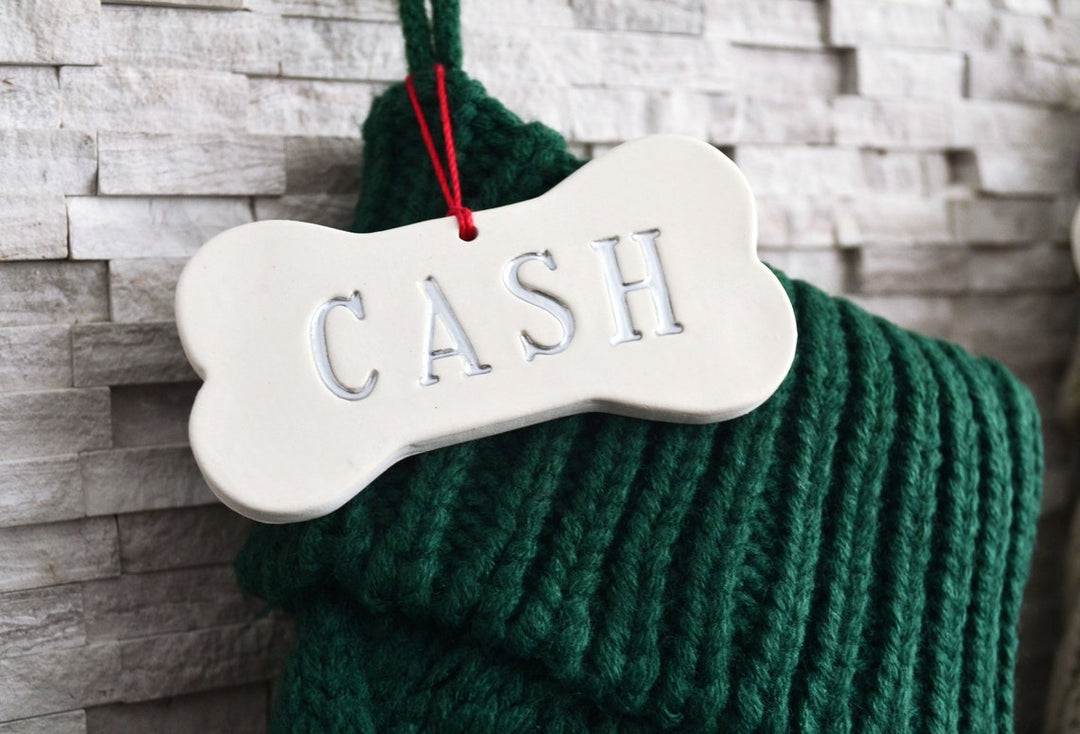 Personalized Green Dog Christmas Stocking, Dog Christmas Gift, Knitted Holiday Stocking, Customized with Name, Available in Different Colors