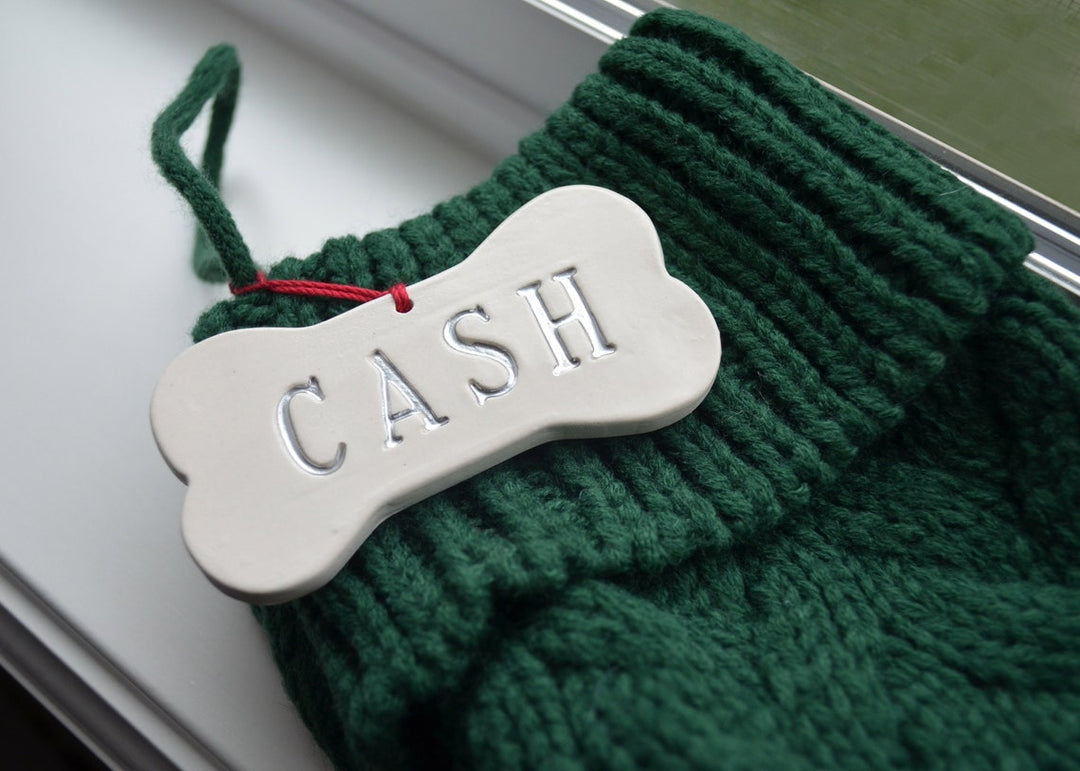 Personalized Green Dog Christmas Stocking, Dog Christmas Gift, Knitted Holiday Stocking, Customized with Name, Available in Different Colors