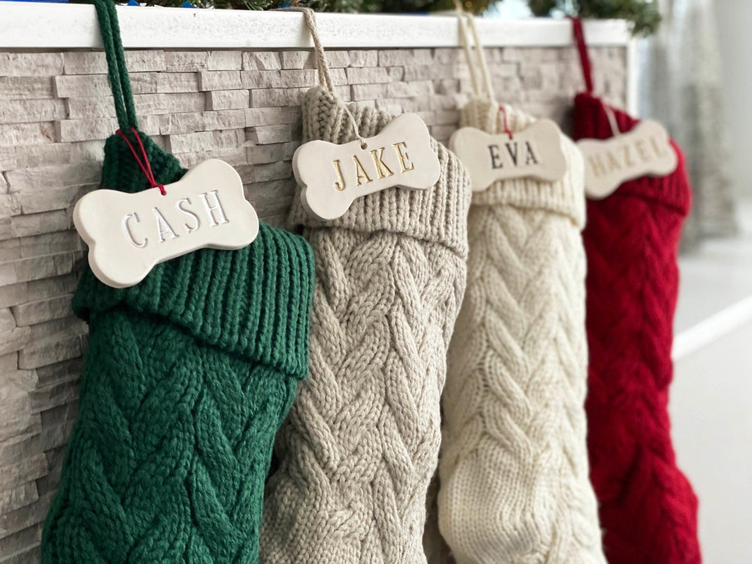 Personalized Green Dog Christmas Stocking, Dog Christmas Gift, Knitted Holiday Stocking, Customized with Name, Available in Different Colors