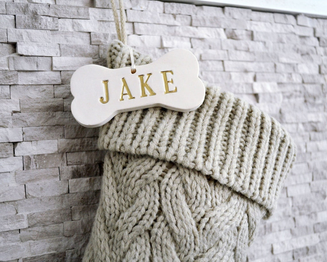 Personalized KHAKI Dog Christmas Stocking, Dog Christmas Gift, Knitted Holiday Stocking, Customized with Name, Available in Different Colors