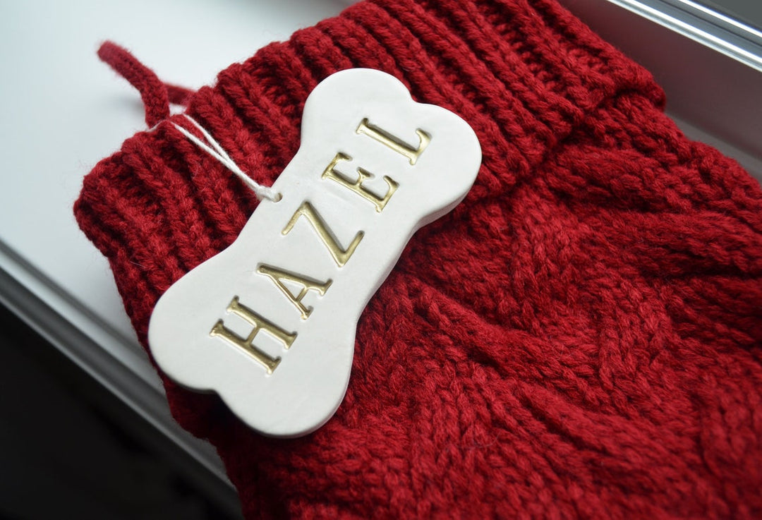 Personalized RED Dog Christmas Stocking, Dog Christmas Gift, Knitted Holiday Stocking, Customized with Name, Available in Different Colors