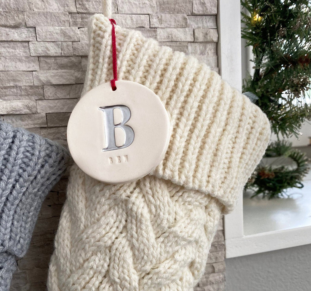 Personalized White Christmas Stocking, Knitted Holiday Stocking, Customized w/Initial and Name, Available Different Colors, Christmas Gift
