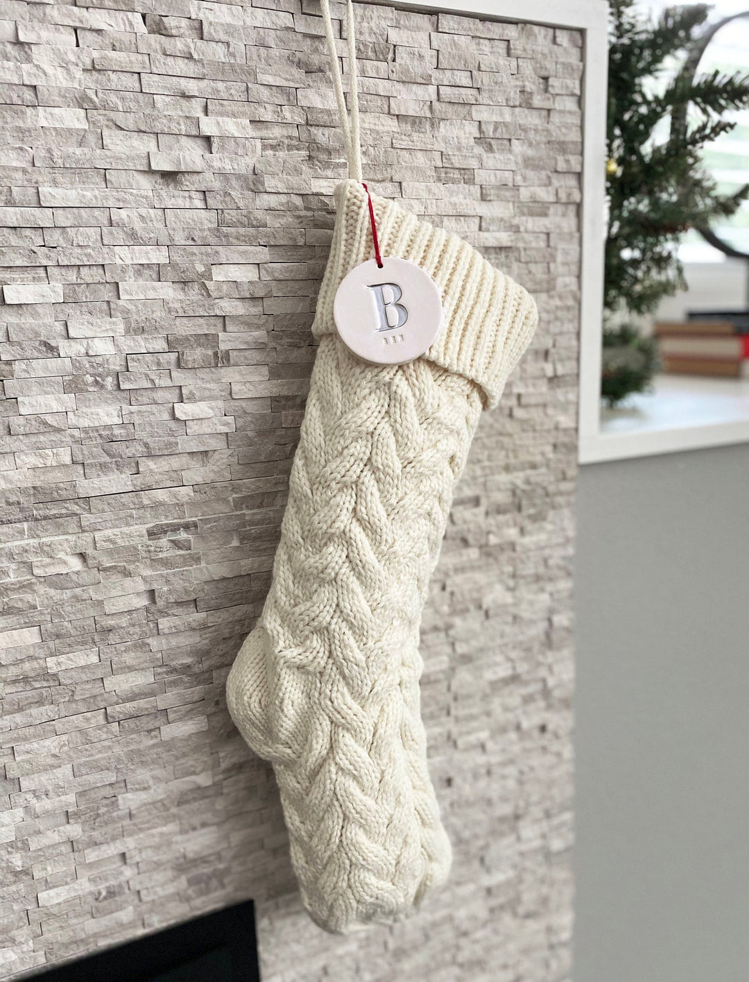 Personalized White Christmas Stocking, Knitted Holiday Stocking, Customized w/Initial and Name, Available Different Colors, Christmas Gift