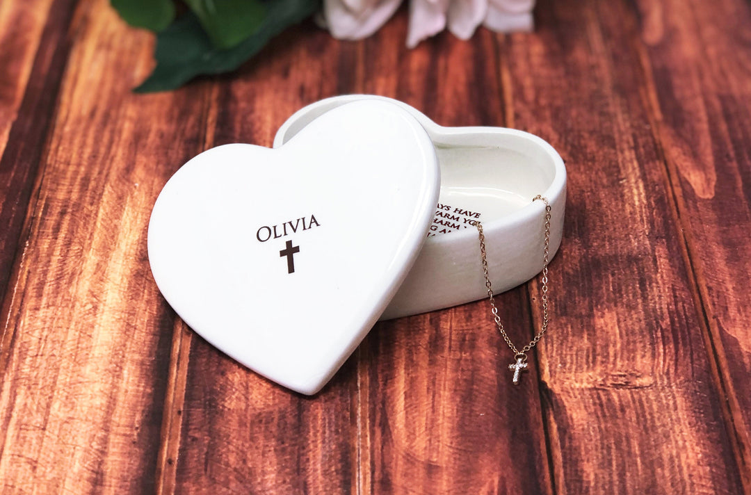 Personalized Baptism Gift, First Communion Gift, Confirmation Gift, Godchild Gift w/ Diamond Cross Bracelet or Necklace - Irish Blessing - Heart Keepsake Box