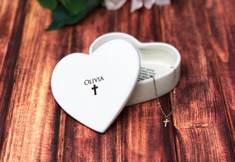 Personalized Baptism Gift, First Communion Gift, Confirmation Gift, Godchild Gift w/ Diamond Cross Bracelet or Necklace - Irish Blessing - Heart Keepsake Box