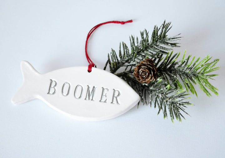 Personalized Cat Christmas Ornament with Name, Fish Shaped Ornament, Cat Gift, Cat Ornament