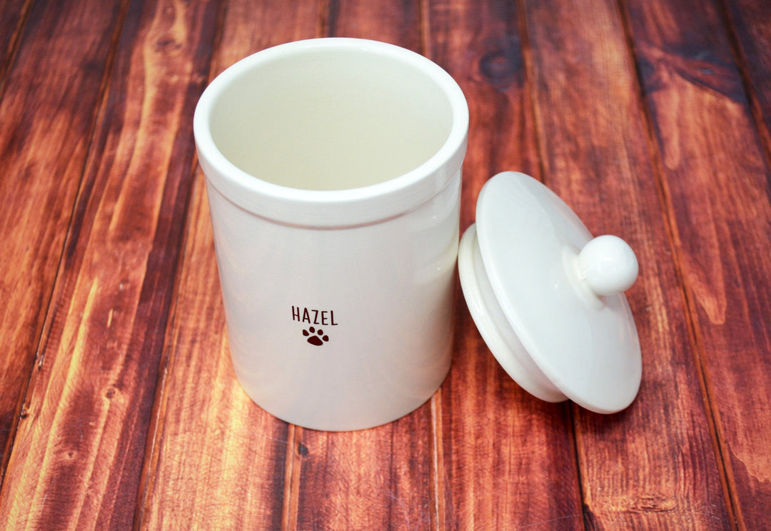 Personalized ceramic pet treat container in white
