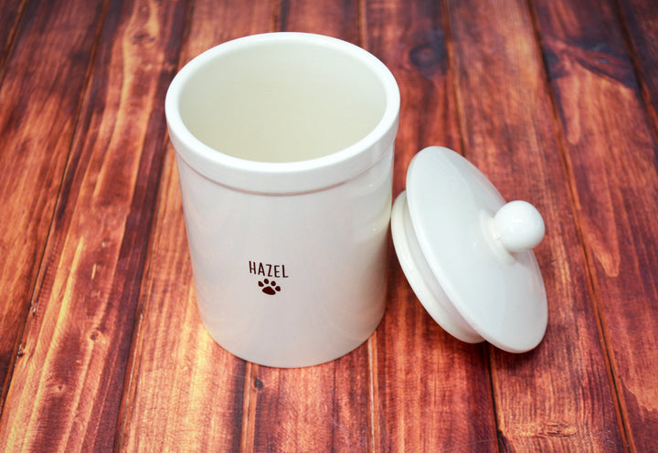 Personalized ceramic pet treat container in white