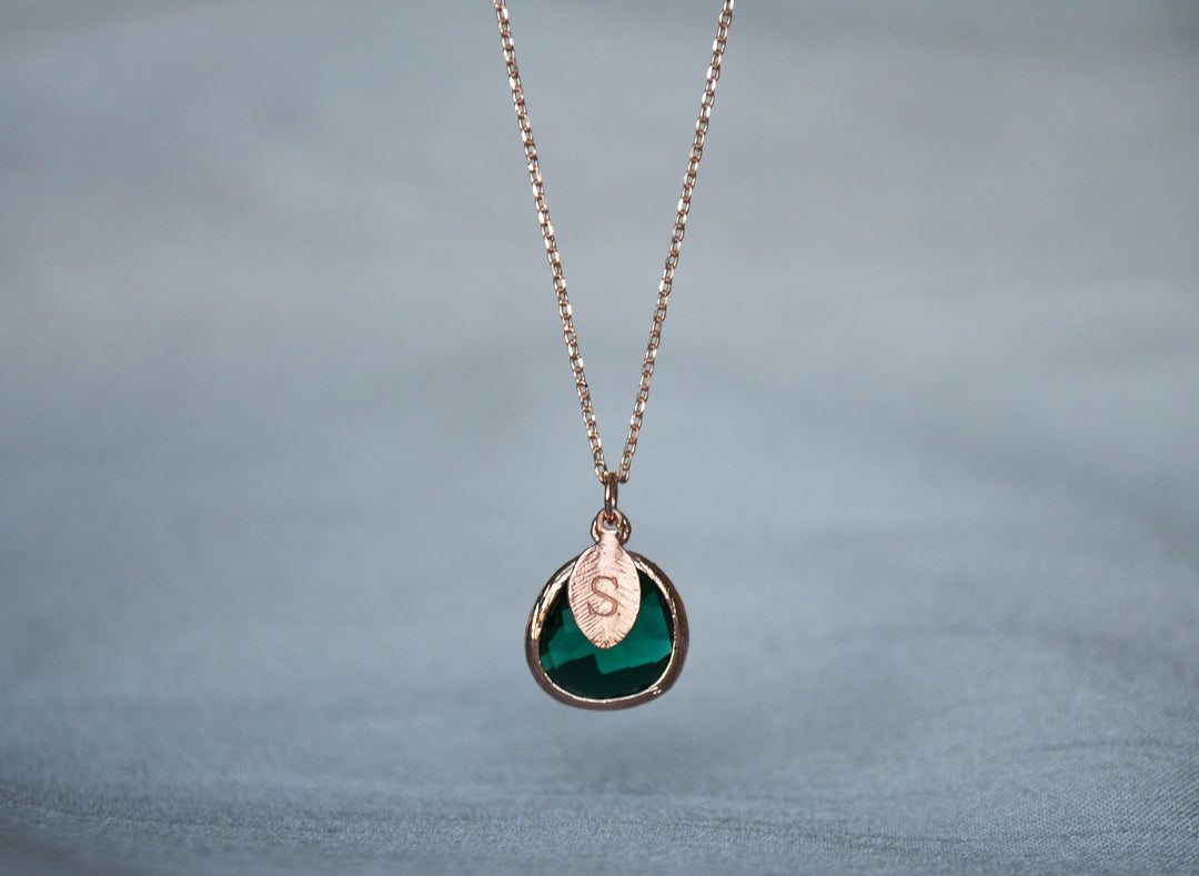 Emerald Necklace, May Birthstone, Leaf Charm