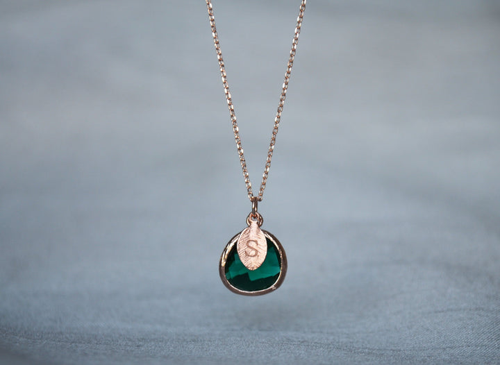 Emerald Necklace, May Birthstone, Leaf Charm