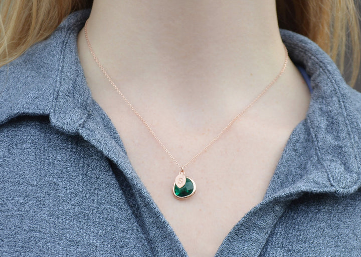Emerald Necklace, May Birthstone, Leaf Charm