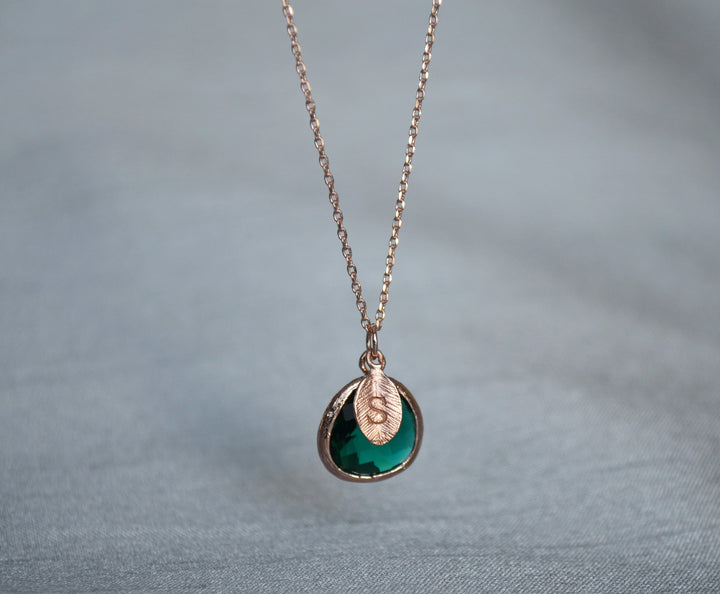 Emerald Necklace, May Birthstone, Leaf Charm