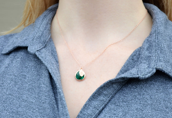 Emerald Necklace, May Birthstone, Leaf Charm