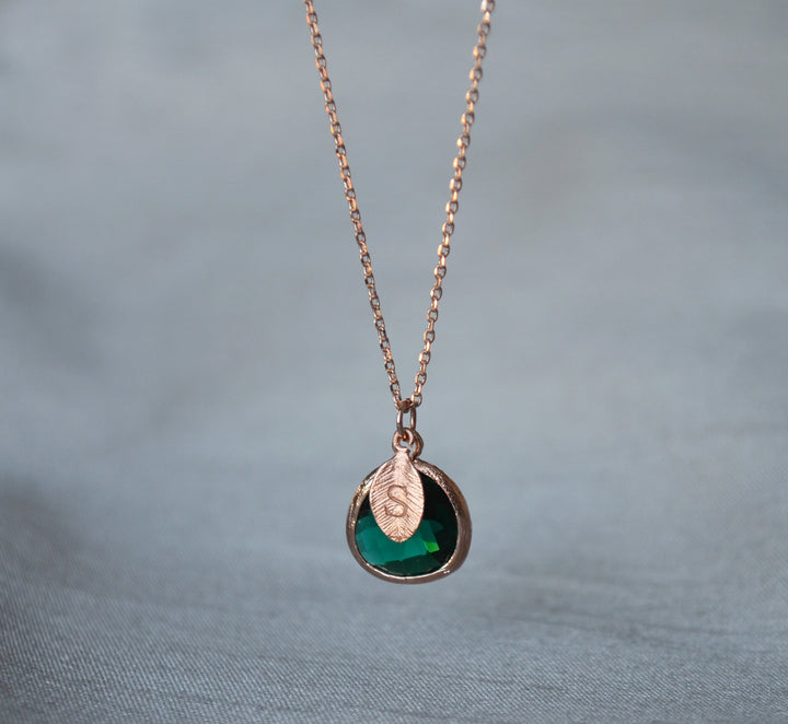 Emerald Necklace, May Birthstone, Leaf Charm