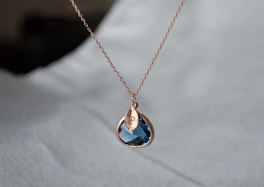 Sapphire Necklace, Sept. Birthstone, Leaf Charm, Rose Gold