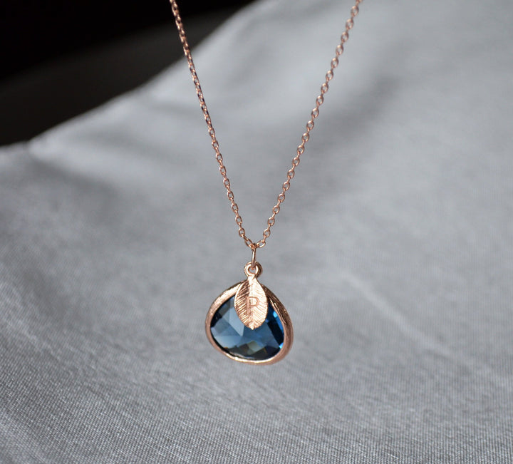 Sapphire Necklace, Sept. Birthstone, Leaf Charm, Rose Gold