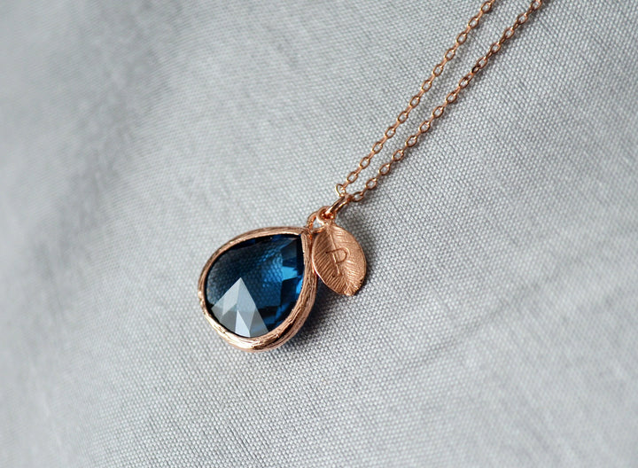 Sapphire Necklace, Sept. Birthstone, Leaf Charm, Rose Gold