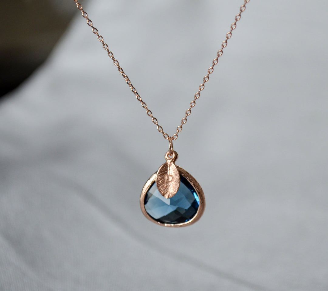Sapphire Necklace, Sept. Birthstone, Leaf Charm, Rose Gold