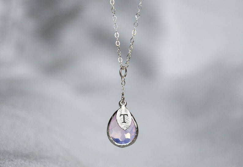 Pink Opal Necklace, October Birthstone Necklace, Bridesmaid Gift, Mom Birthstone Necklace, Initial Necklace, Mom Gift, Grandma Necklace