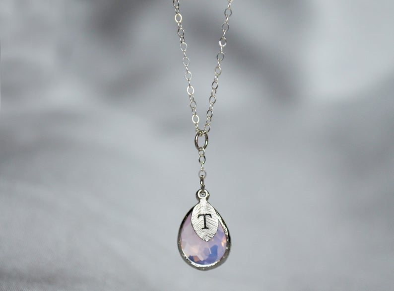 Pink Opal Necklace, October Birthstone Necklace, Bridesmaid Gift, Mom Birthstone Necklace, Initial Necklace, Mom Gift, Grandma Necklace