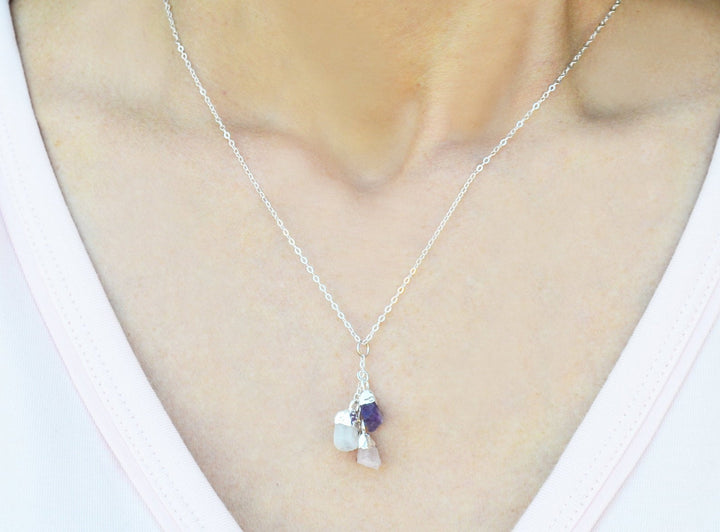 Raw Stone Necklace, Custom Birthstone Necklace, Cascade Necklace, Family Necklace, Bridesmaid Gift, Mom or Grandma Necklace